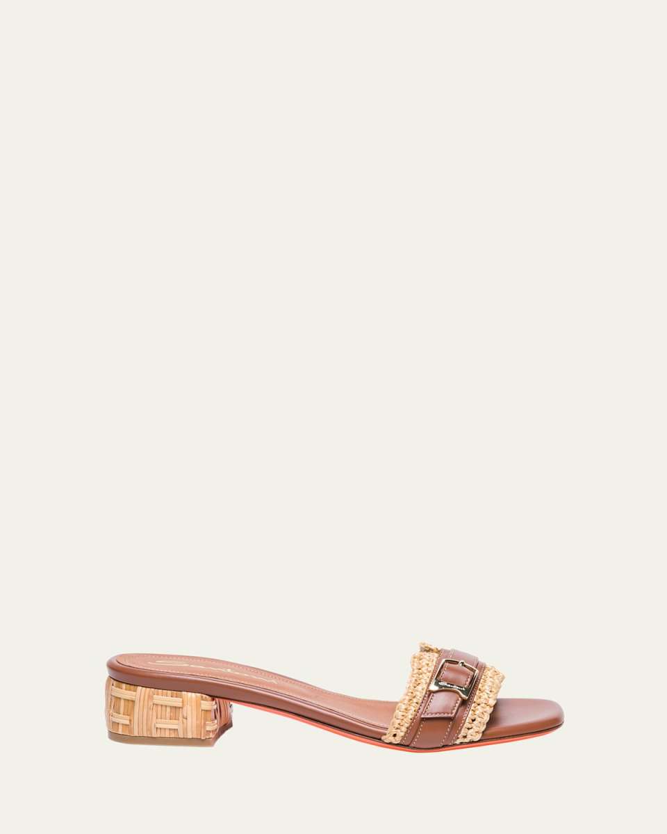 Vela Woven Raffia Leather Mule Sandals
